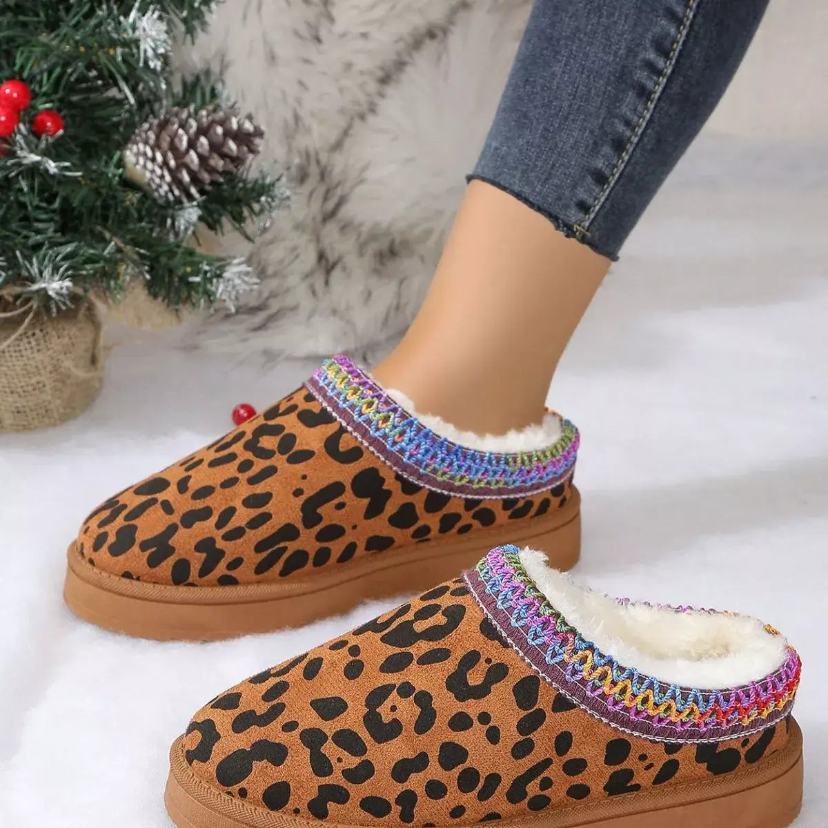 Leopard Print Plush Lined Warm Slip-Ons - Trendsi - Flyclothing LLC