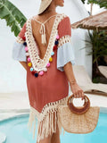 Backless Tassel Hem V-Neck Cover-Up - Trendsi - Flyclothing LLC