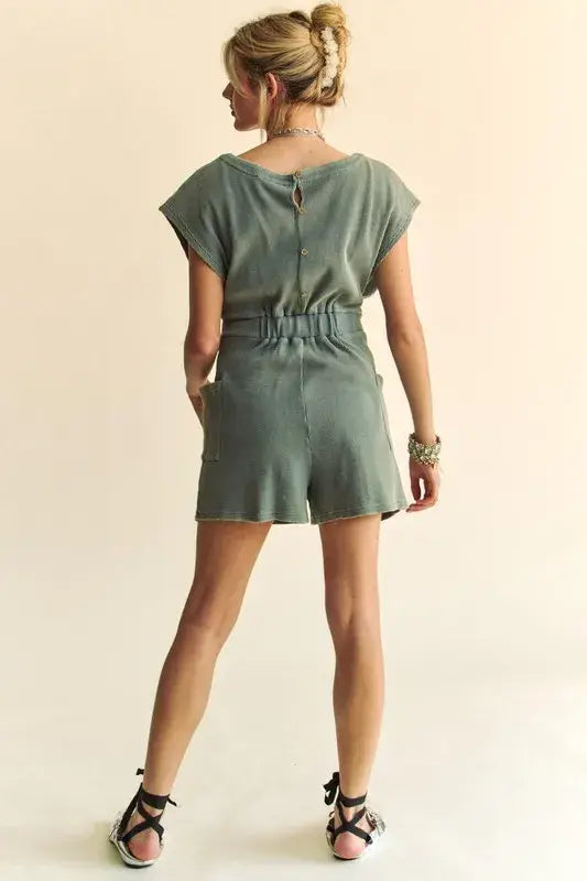 Davi & Dani Acid-Washed Waffle Knit Cuffed Sleeves Romper - Trendsi - Flyclothing LLC