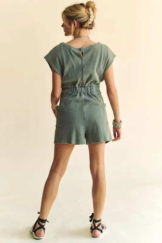 Davi & Dani Acid-Washed Waffle Knit Cuffed Sleeves Romper - Trendsi - Flyclothing LLC