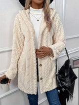 Fuzzy Button Down Hooded Coat - Trendsi - Flyclothing LLC