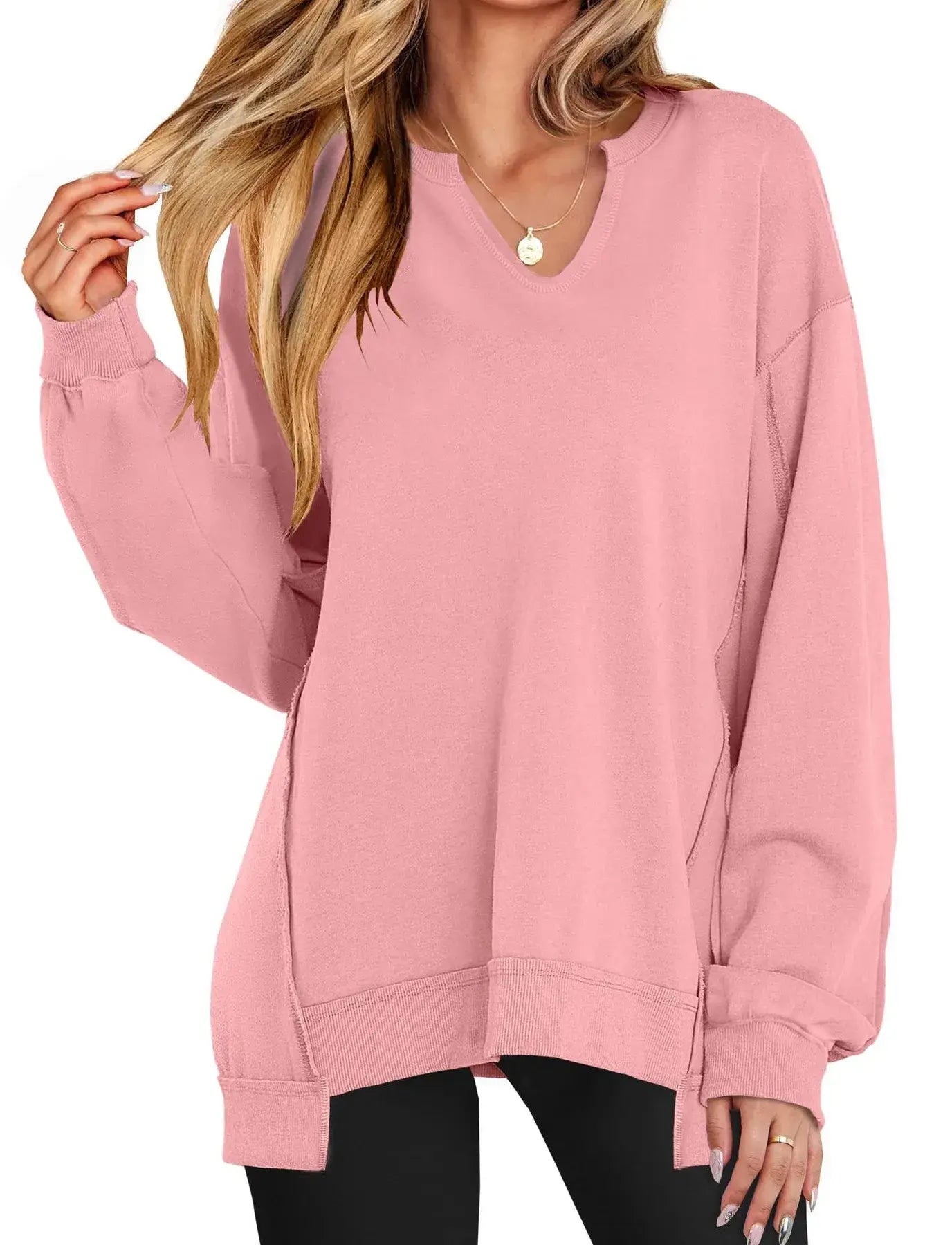 Notched Long Sleeve Oversized Sweatshirt - Trendsi - Flyclothing LLC