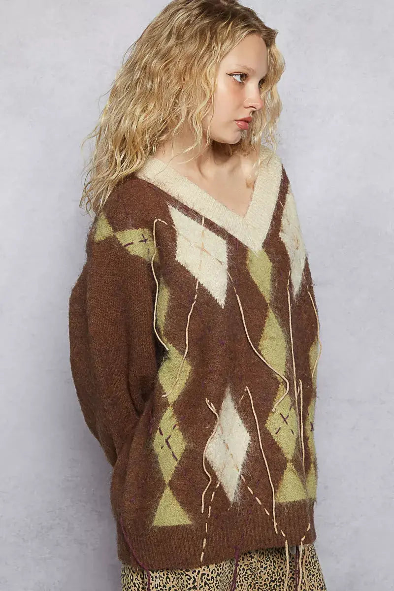 POL V-Neck Argyle Pattern Mohair Sweater with Contrast Exposed Stitch Detail - Trendsi - Flyclothing LLC