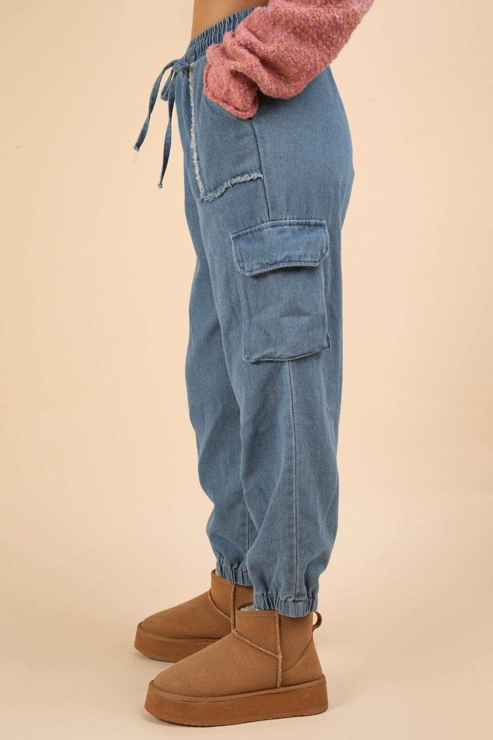 VERY J Washed Drawstring Jogger Cargo Jeans - Trendsi - Flyclothing LLC