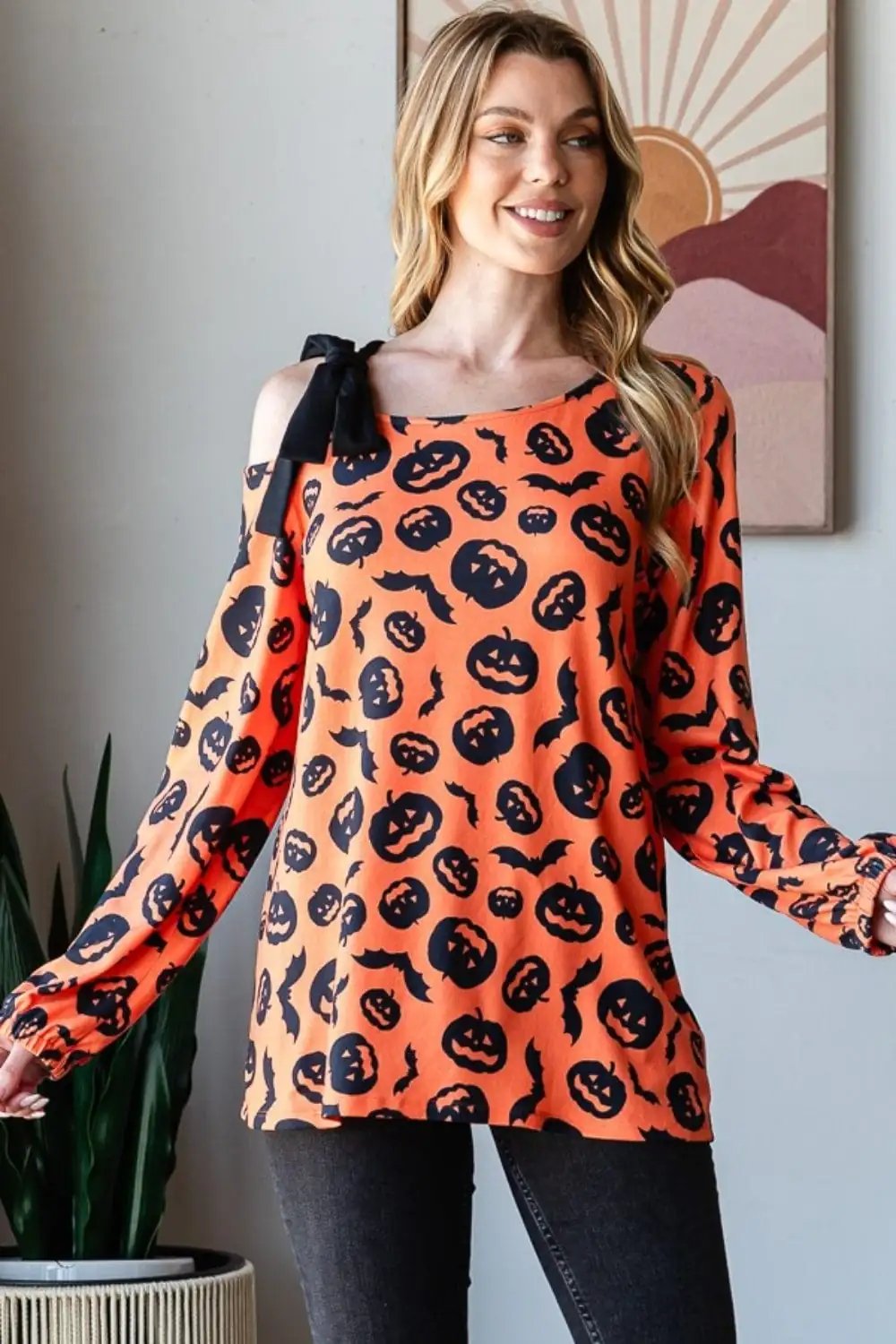 Heimish Pumpkin Print One Shoulder T-Shirt - Trendsi