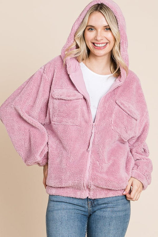 Culture Code Faux Fur Zip Up Hooded Jacket with Side Pockets - Trendsi