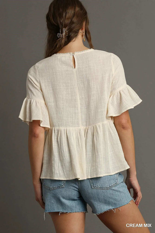 Umgee Floral Lace Trimmed Detail Half Sleeve Babydoll Top - Trendsi - Flyclothing LLC