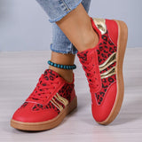 Leopard Round Toe Lace Up Athletic Sneakers - Trendsi