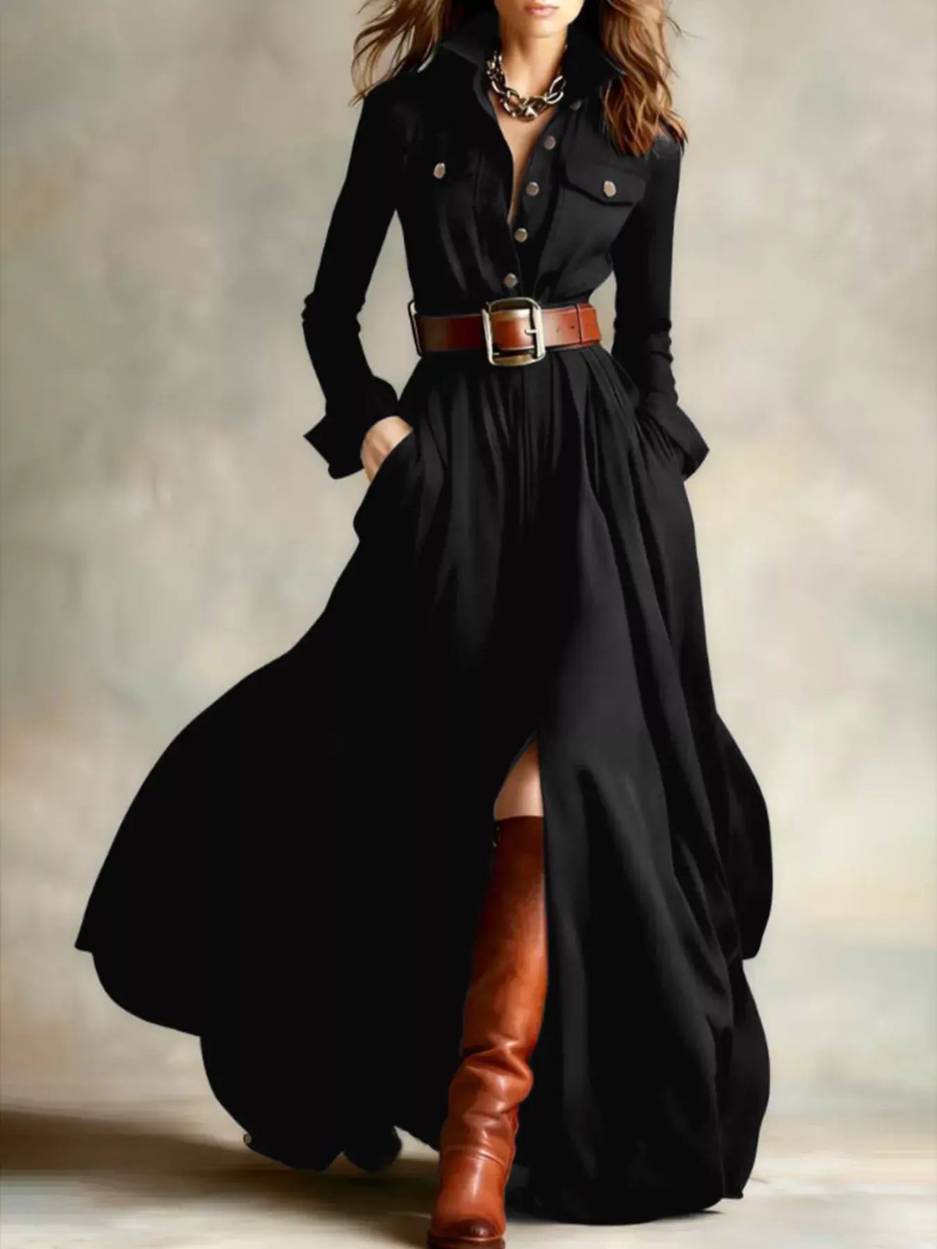 Button Front Long Sleeve Maxi Dress - Trendsi - Flyclothing LLC