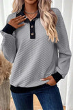 Textured Collared Neck Long Sleeve Top - Trendsi - Flyclothing LLC