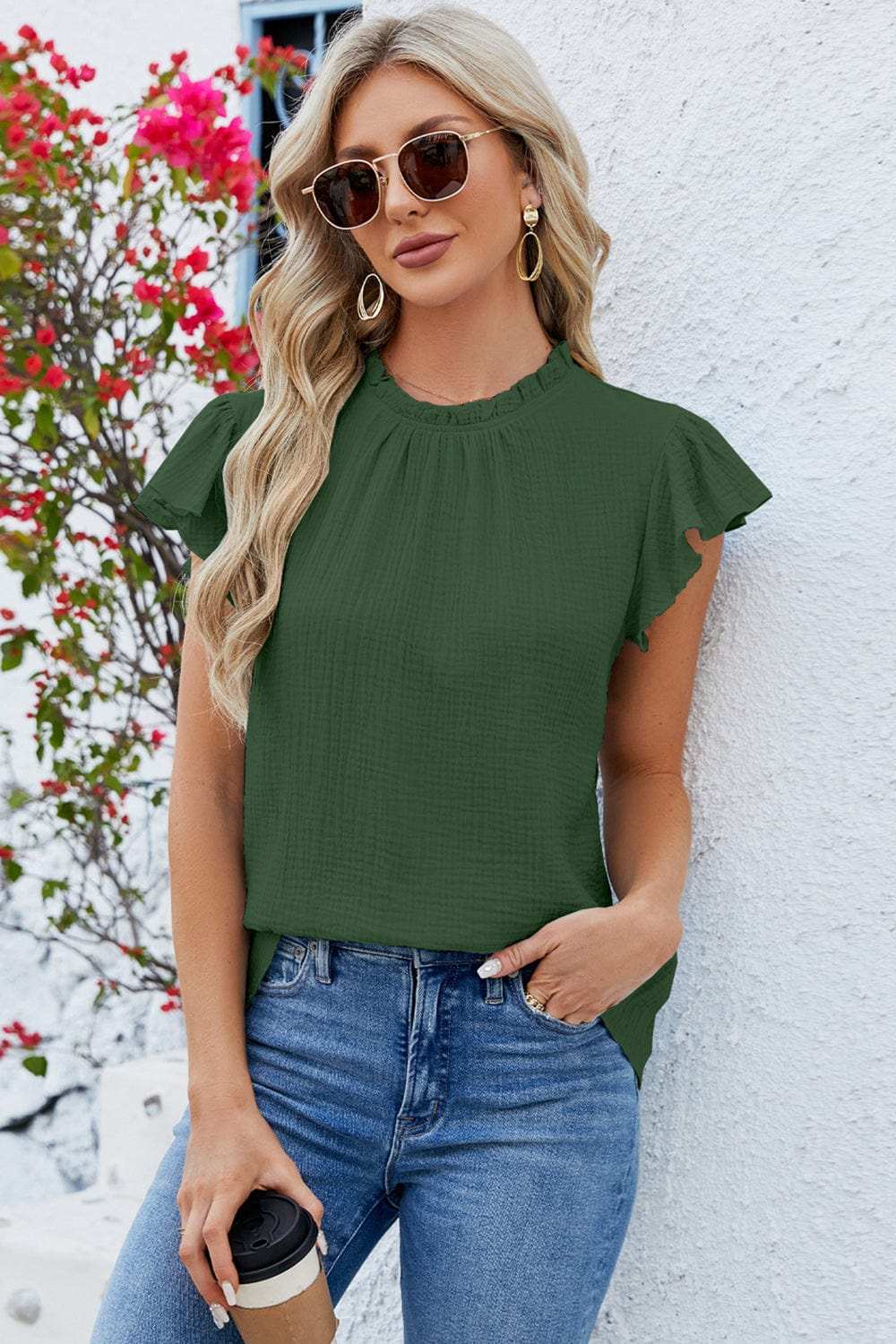 Ruffled Round Neck Cap Sleeve Blouse - Trendsi - Flyclothing LLC