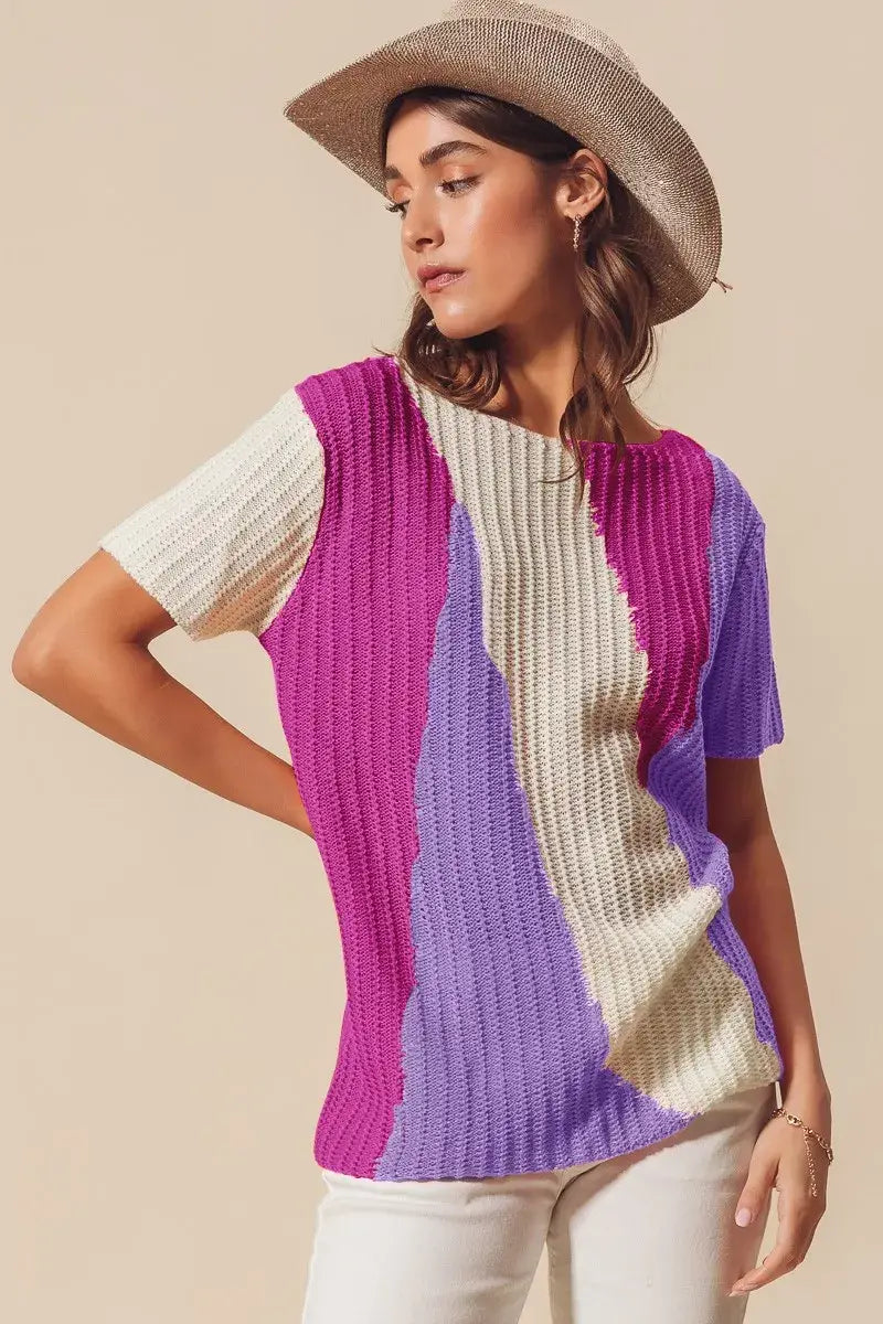 SO ME Boat Neck Multi Colored Lightweight Sweater Top - Trendsi - Flyclothing LLC