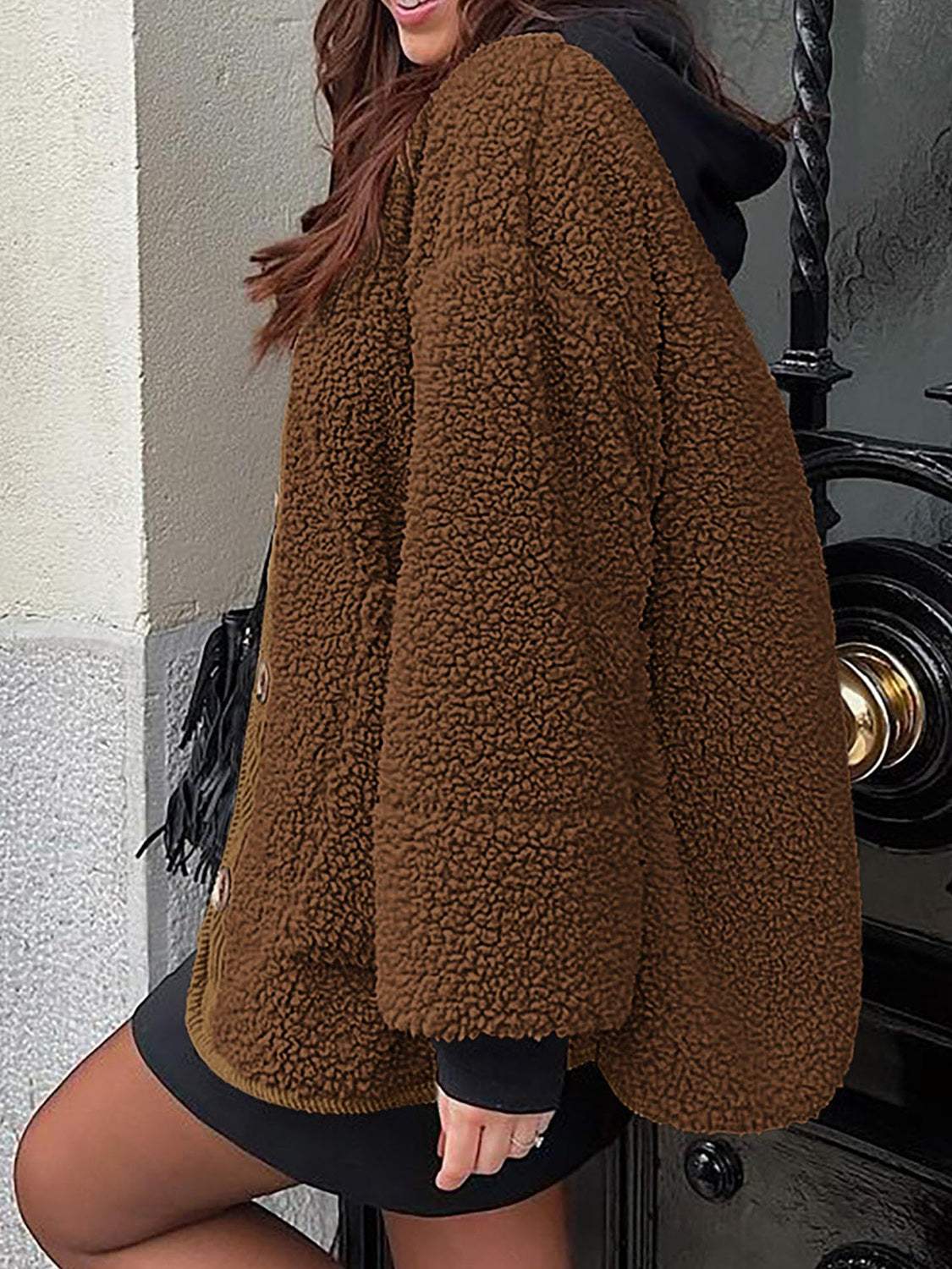 Contrast Button Up Sherpa Jacket with Pockets - Trendsi - Flyclothing LLC