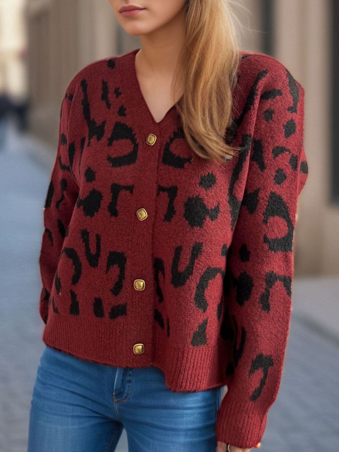 Leopard V-Neck Button Up Cardigan - Trendsi
