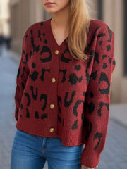 Leopard V-Neck Button Up Cardigan - Trendsi