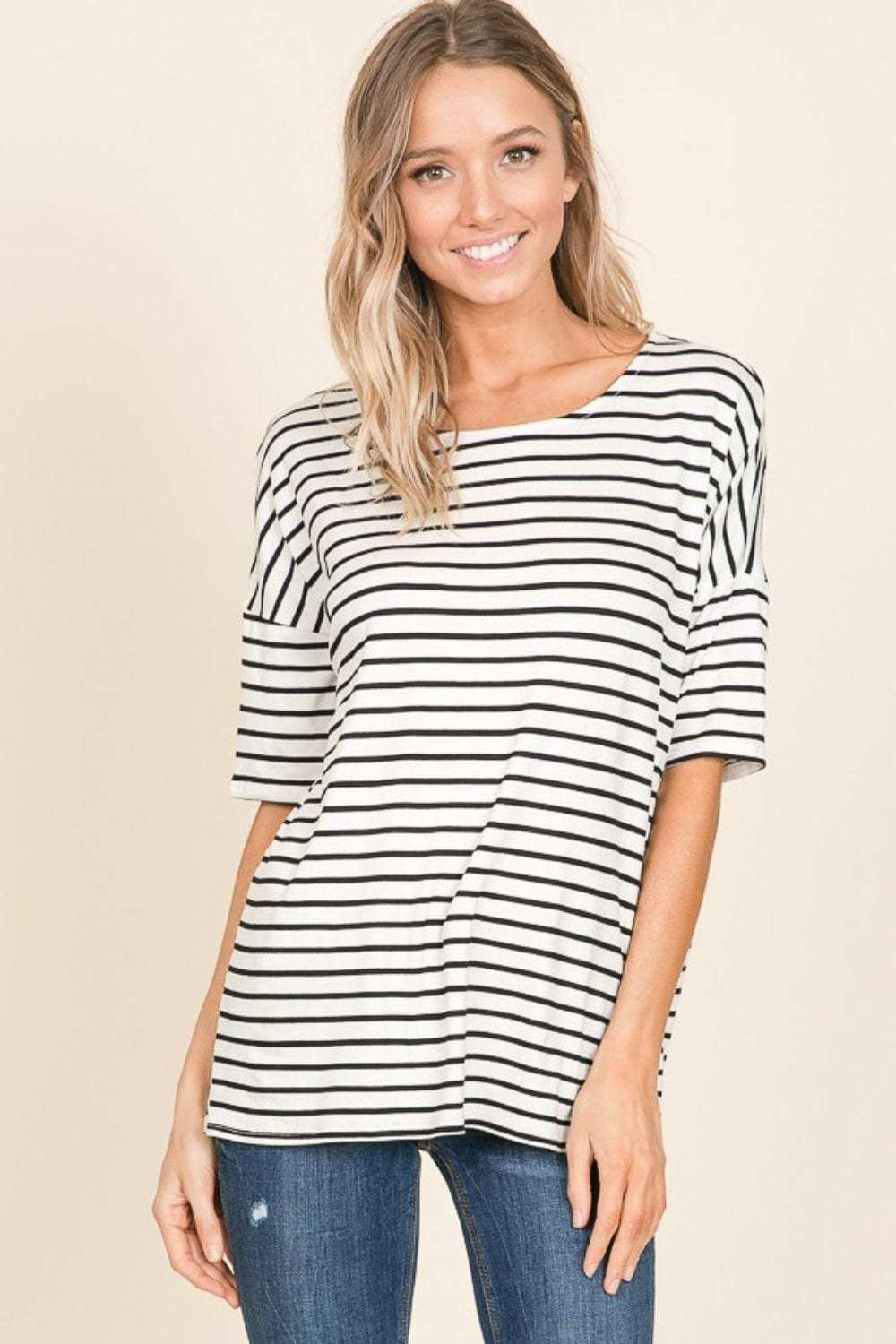BOMBOM Striped Round Neck T-Shirt - Trendsi - Flyclothing LLC