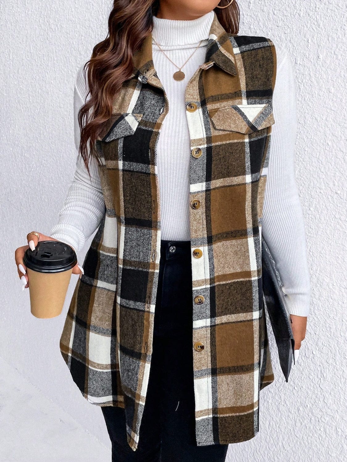 Honey Plus Size Pocketed Plaid Button Up Vest Coat - Trendsi