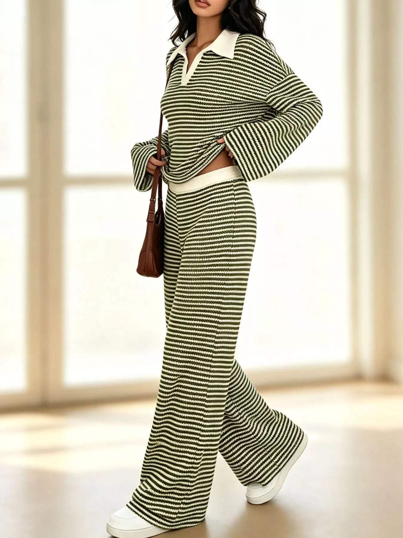 Striped Long Sleeve Polo and Wide-Leg Pants Set - Trendsi - Flyclothing LLC