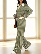 Striped Long Sleeve Polo and Wide-Leg Pants Set - Trendsi - Flyclothing LLC