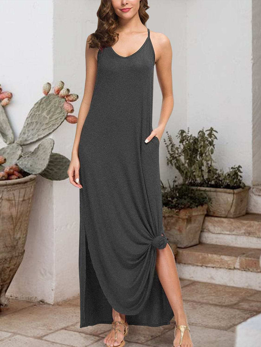 Slit Scoop Neck Sleeveless Dress - Trendsi - Flyclothing LLC