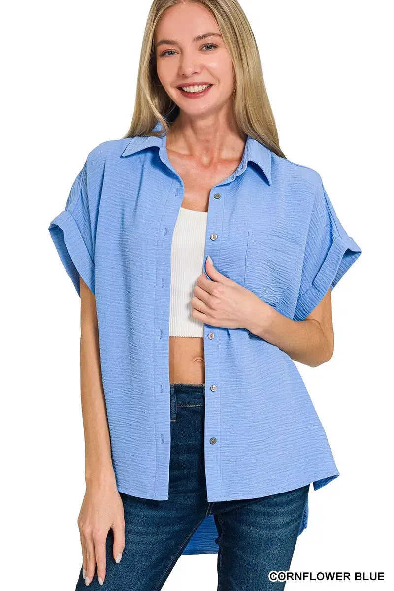 Zenana Woven Airflow Button Down Shirt - Trendsi - Flyclothing LLC
