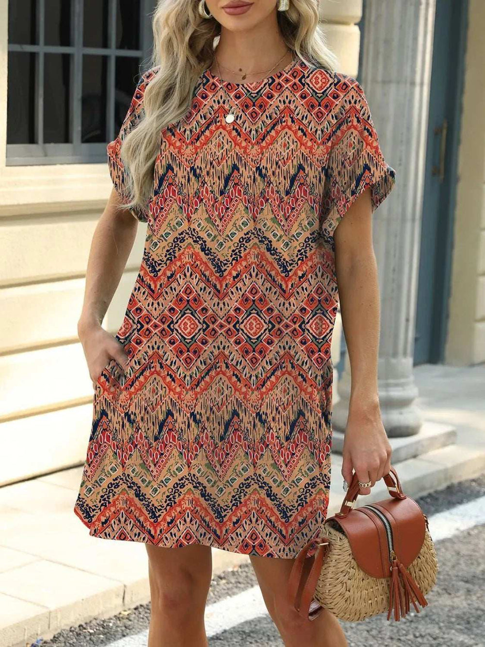 Printed Round Neck Short Sleeve Mini Dress - Trendsi - Flyclothing LLC