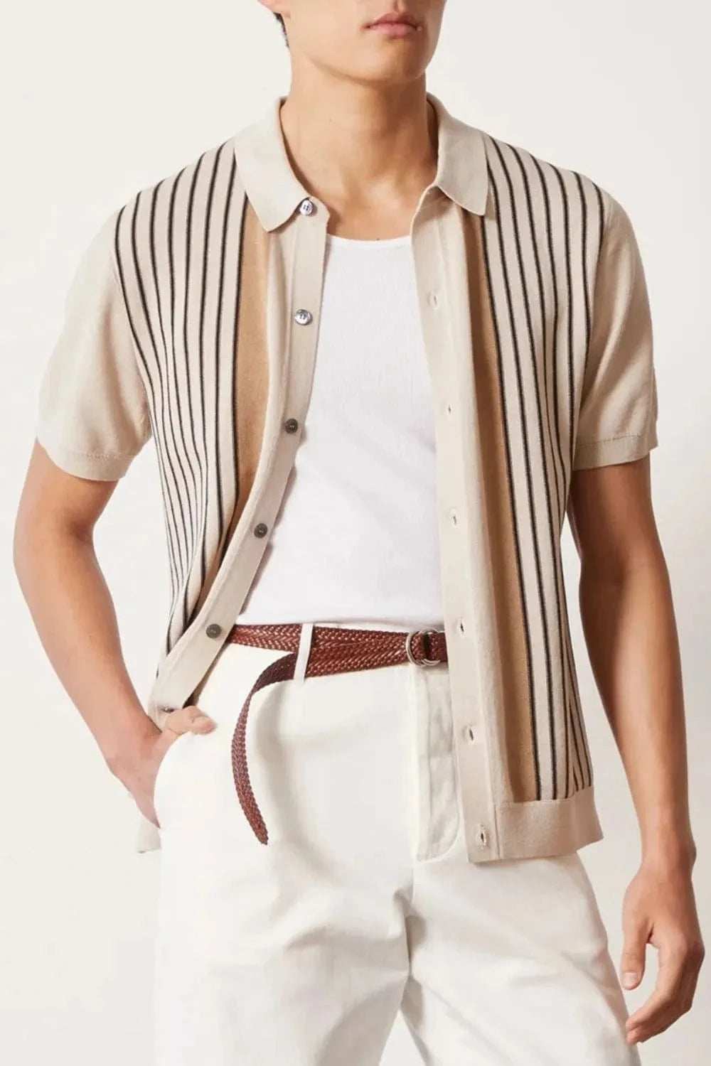 Men's Plus Size Striped Button Up Short Sleeve Shirt - Trendsi - Flyclothing LLC