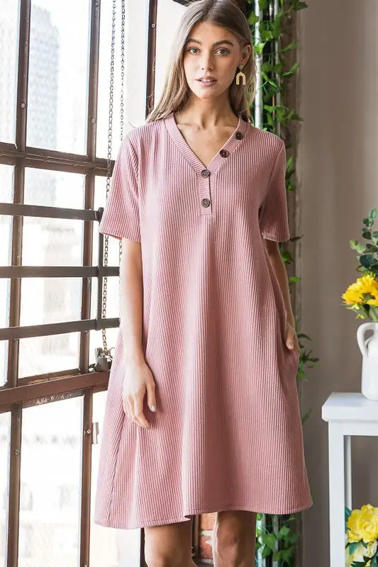 Heimish Full Size Solid Ribbed Mini Dress with Button Plus Size - Trendsi - Flyclothing LLC