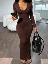 Long Sleeve V-Neck Ruched Maxi Dress - Trendsi - Flyclothing LLC