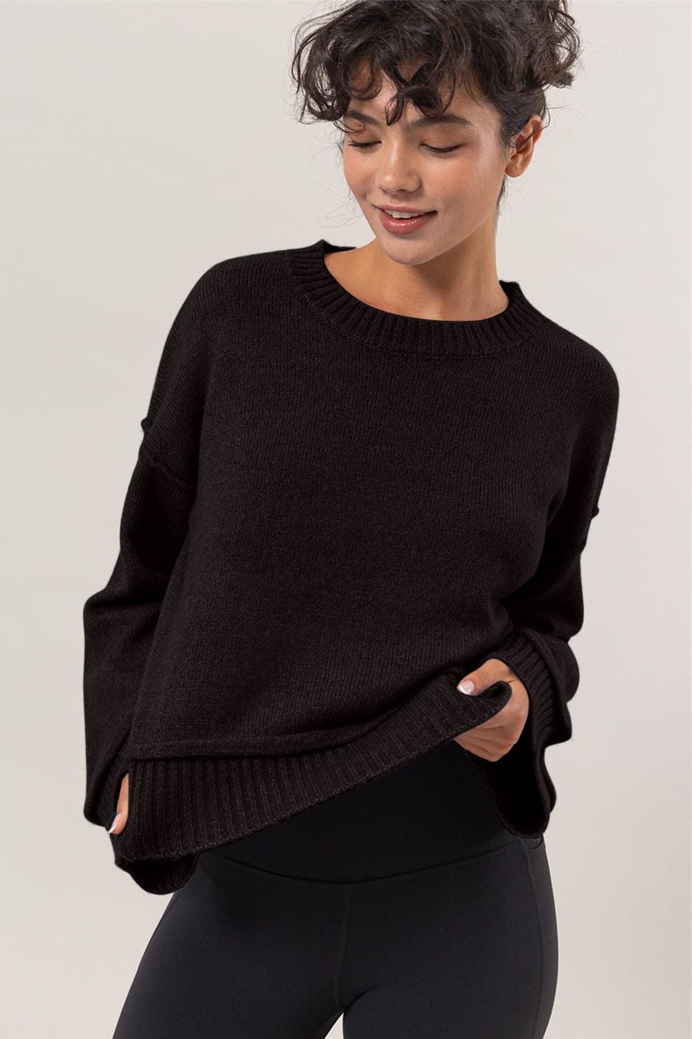 HYFVE Round Neck Dropped Shoulder Ribbed Sweater - Trendsi