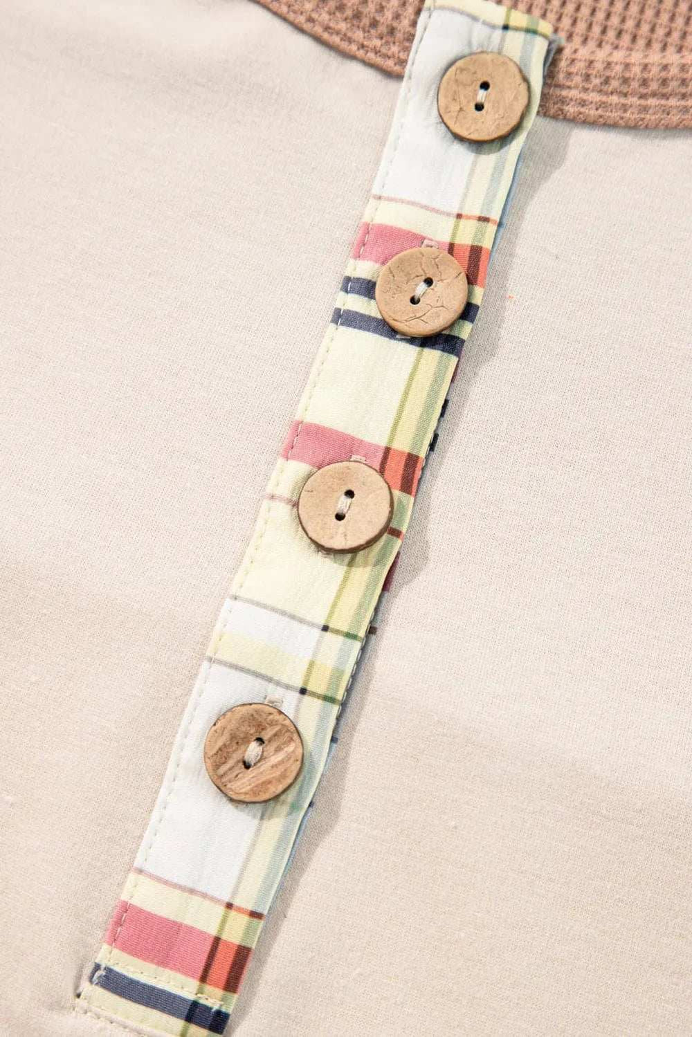 Plus Size Waffle-Knit Detail Plaid Round Neck Top - Trendsi - Flyclothing LLC