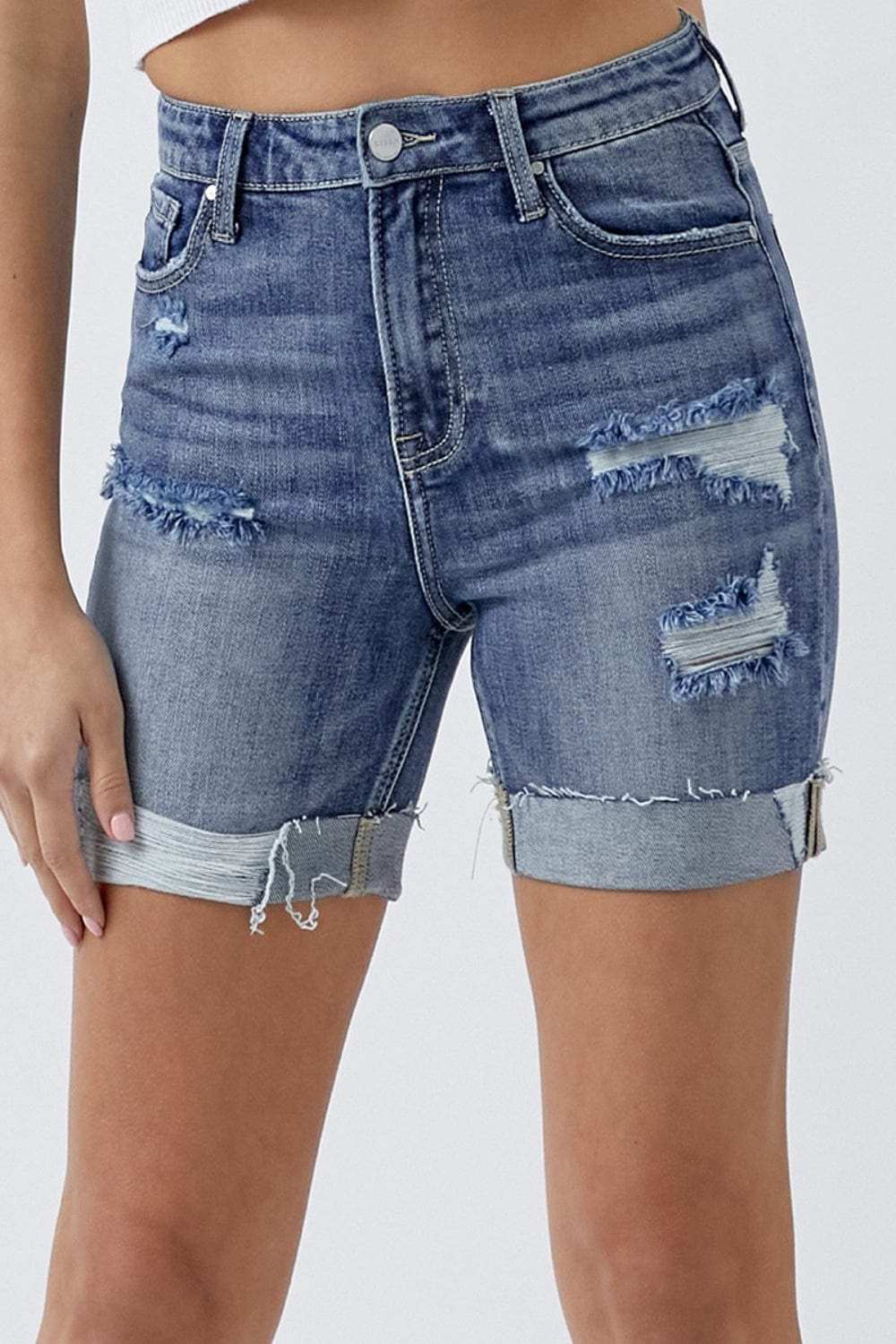RISEN Full Size Distressed Rolled Denim Shorts with Pockets - Trendsi - Flyclothing LLC
