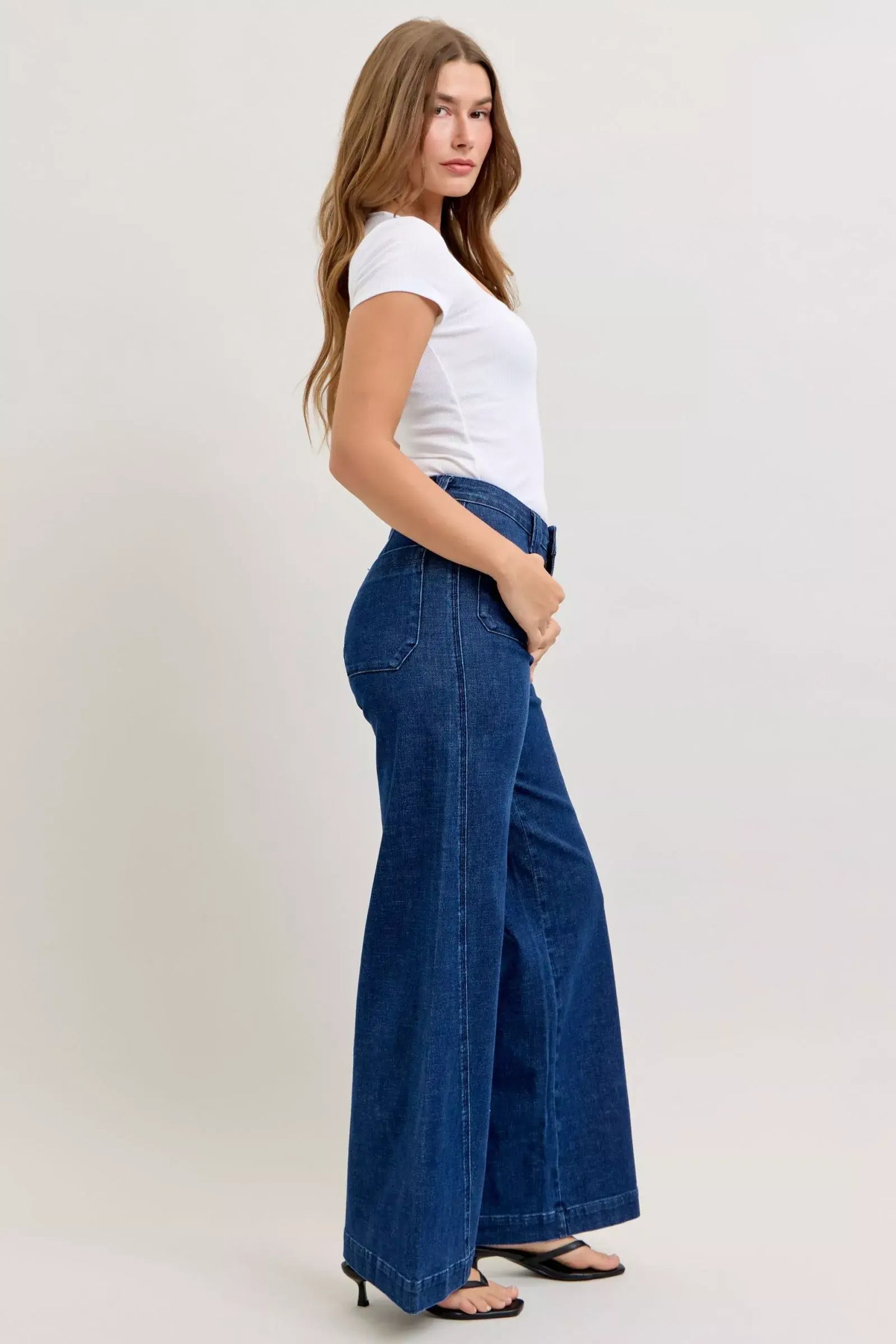 Judy Blue High-Waisted Retro Wide Jeans with Patch Pkts & Twisted Seams - Trendsi - Flyclothing LLC