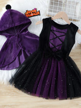 Children's Velvet Hooded Cape and Tulle Dress Halloween Witch Costume Set - Trendsi - Flyclothing LLC
