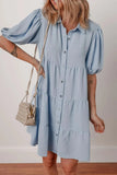 Button Up Puff Sleeve Tiered Shirt Dress - Trendsi