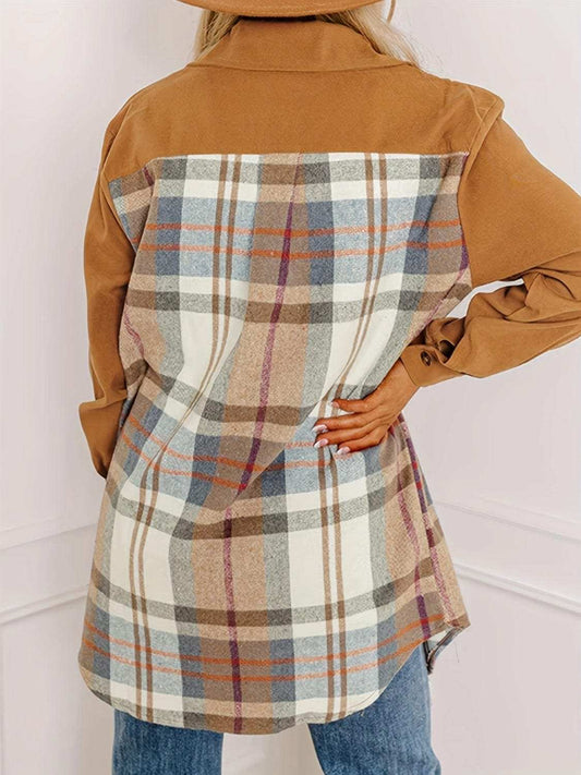 Plaid Collared Neck Long Sleeve Jacket - Trendsi - Flyclothing LLC