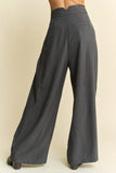 Davi & Dani Solid Back Pocket Shirring Detail Wide Leg Pants - Trendsi