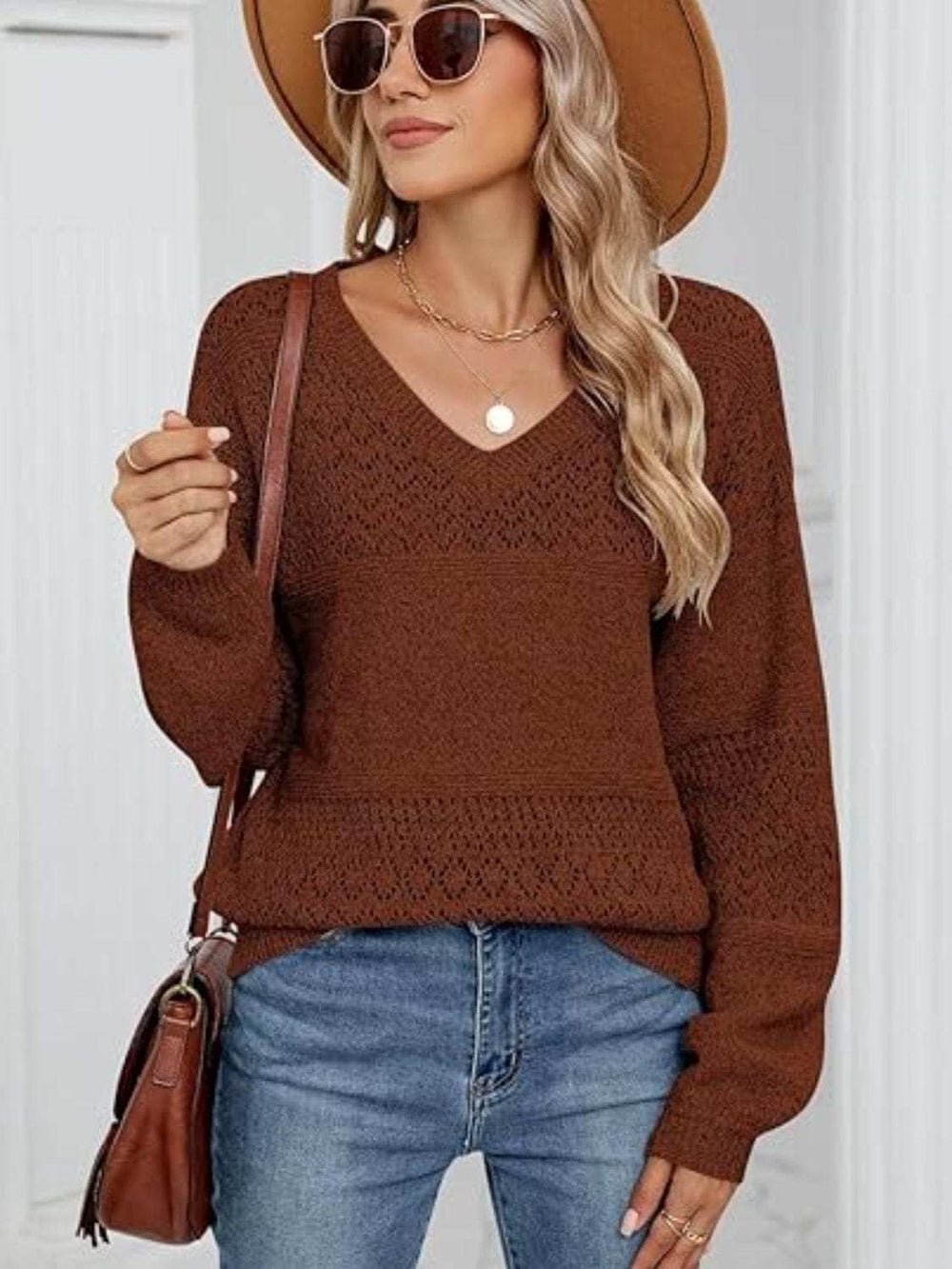 Eyelet V-Neck Long Sleeve Sweater - Trendsi - Flyclothing LLC