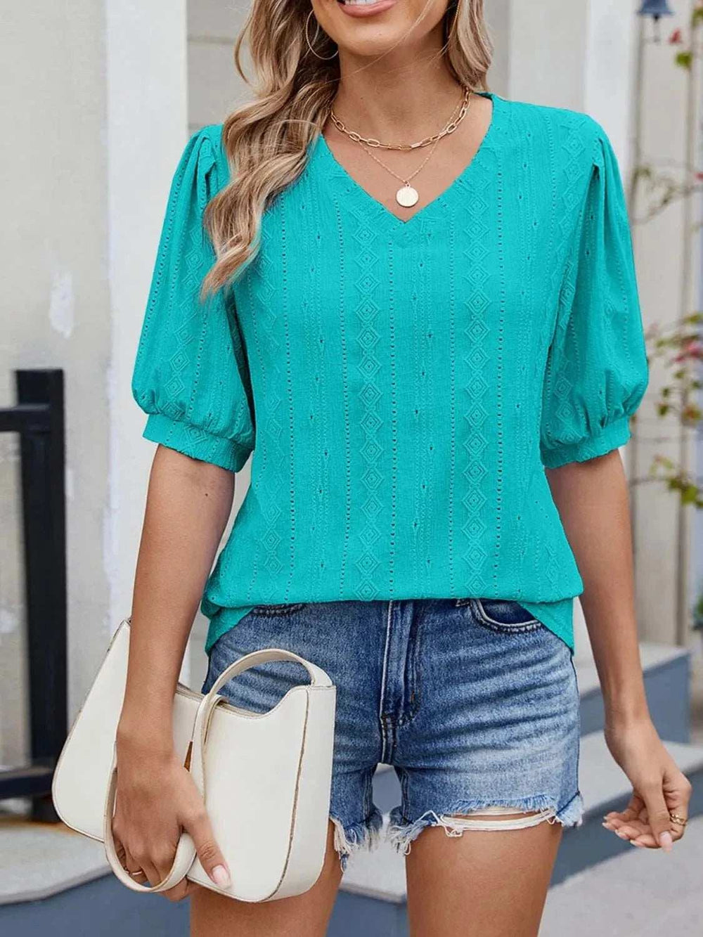 Puff Sleeve V-Neck Eyelet Lace T-Shirt - Trendsi - Flyclothing LLC