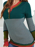 Striped Contrast Notched Long Sleeve Sweater - Trendsi