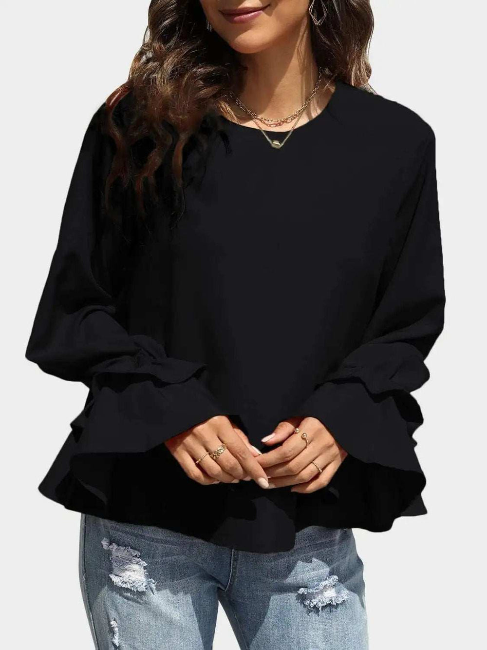 Round Neck Double-Layered Flounce Sleeve Top - Trendsi - Flyclothing LLC