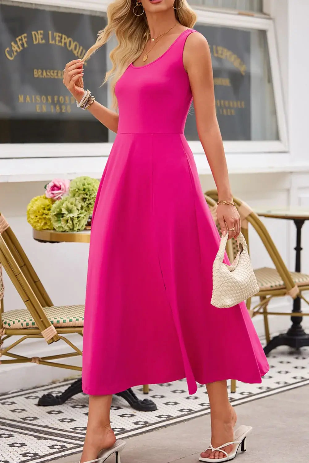 Side Slit Scoop Neck Wide Strap Dress - Trendsi - Flyclothing LLC
