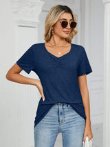 Ruched V-Neck Short Sleeve T-Shirt - Trendsi - Flyclothing LLC