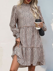 Frill Printed Mock Neck Long Sleeve Mini Dress - Trendsi