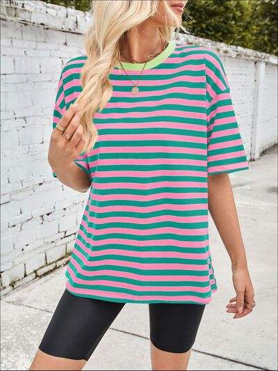 Lovelet Striped Round Neck Half Sleeve T-Shirt - Trendsi - Flyclothing LLC