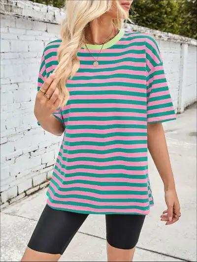 Lovelet Striped Round Neck Half Sleeve T-Shirt - Trendsi - Flyclothing LLC