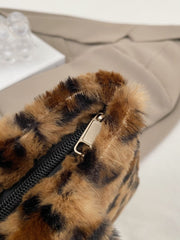 Leopard Fluff Handbag with Zip - Trendsi