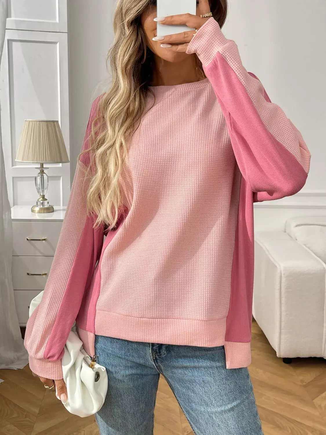 Color Block Waffle Knit Long Sleeve T-Shirt - Trendsi - Flyclothing LLC