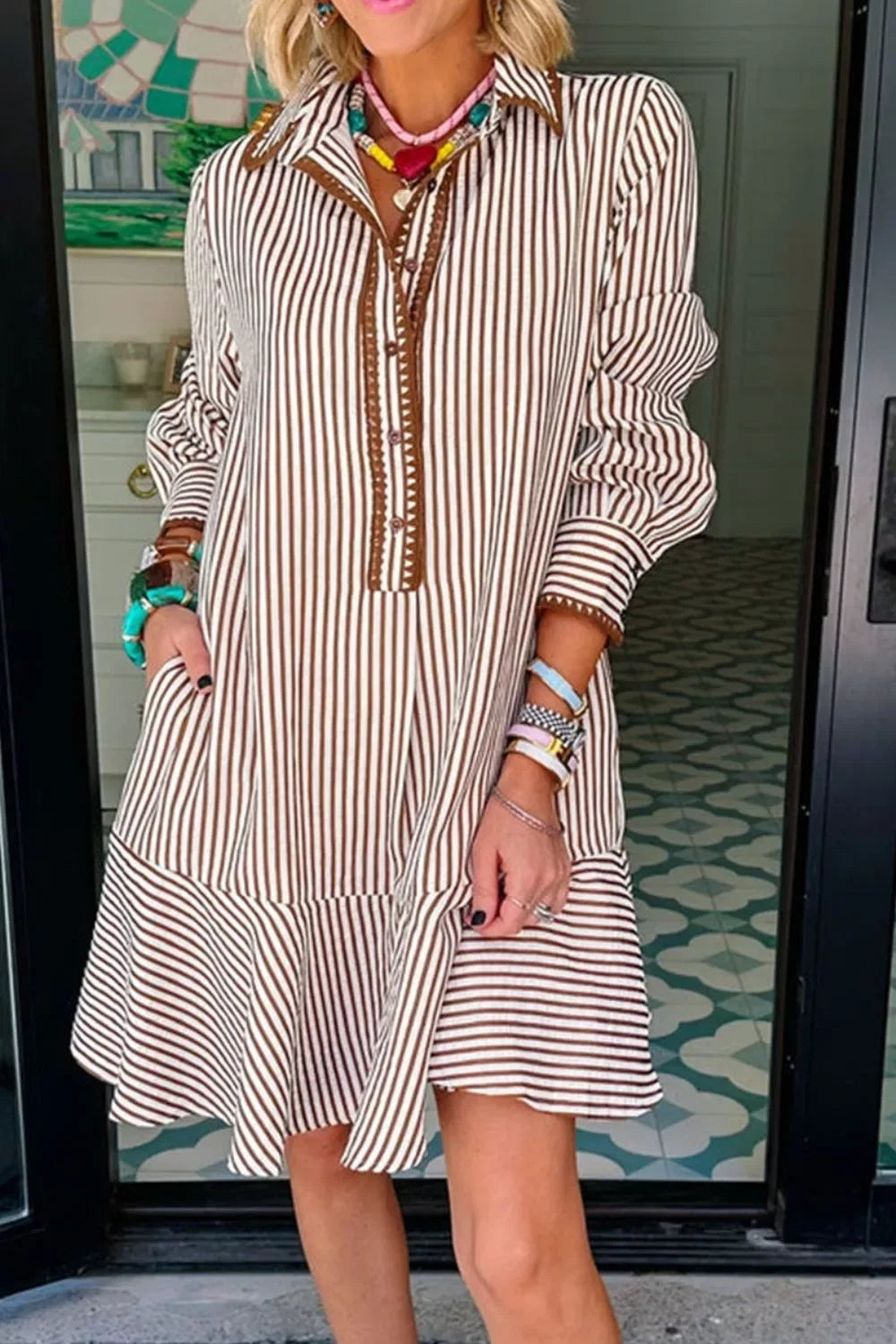 Striped Ruffle Hem Shirt Dress - Trendsi - Flyclothing LLC