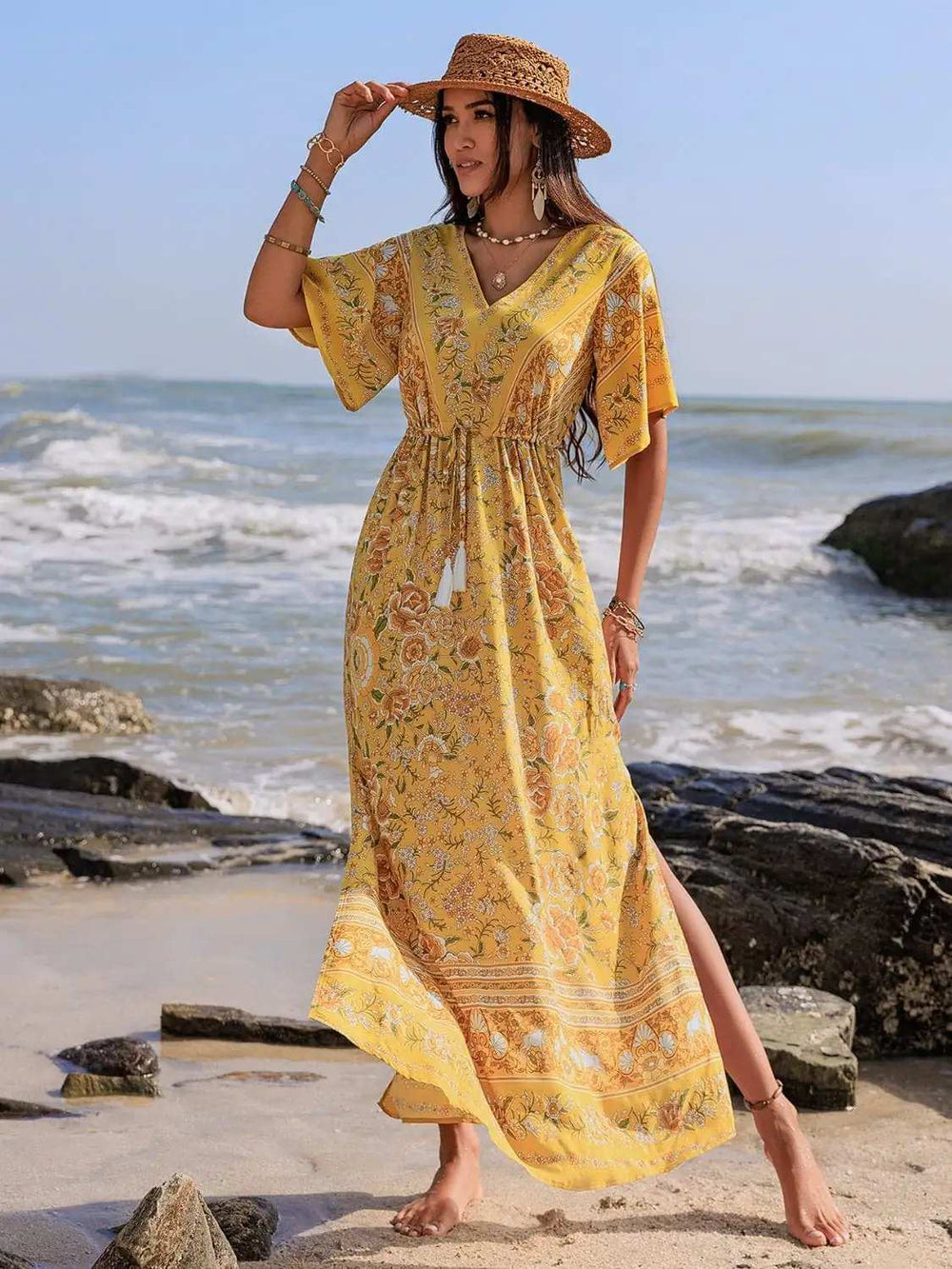 Drawstring Printed Plunge Half Sleeve Dress - Trendsi - Flyclothing LLC
